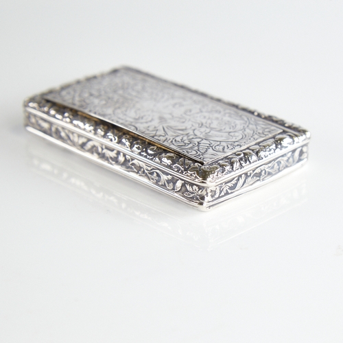 1118 - A 19th century French silver snuffbox, allover engraved floral decoration with hinged lid and rose-g... 