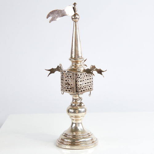 1121 - An unmarked silver Judaica besamim spice tower, with pierced openwork body rotating flags and suspen... 