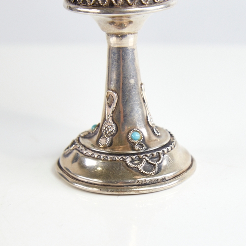 1122 - A sterling silver Judaica besamim spice tower, modelled as a castle turret, set with turquoise stone... 