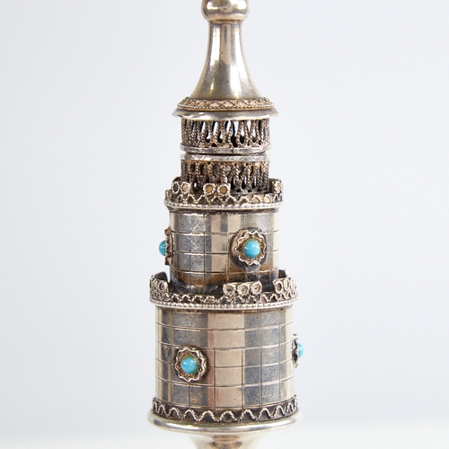 1122 - A sterling silver Judaica besamim spice tower, modelled as a castle turret, set with turquoise stone... 