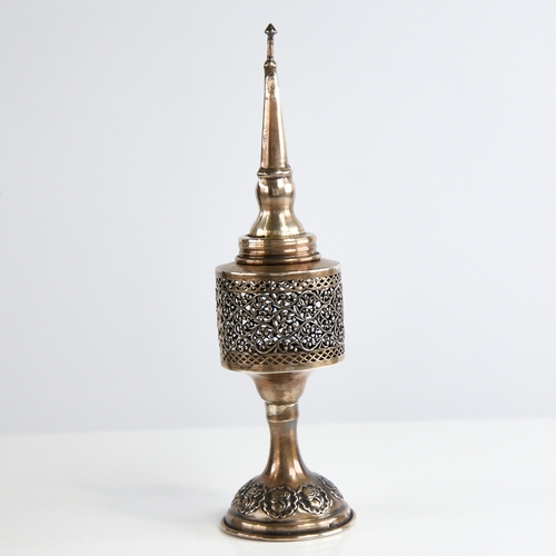 1123 - A sterling silver Judaica besamim spice tower, by Hazorfim, pierced openwork body with relief emboss... 