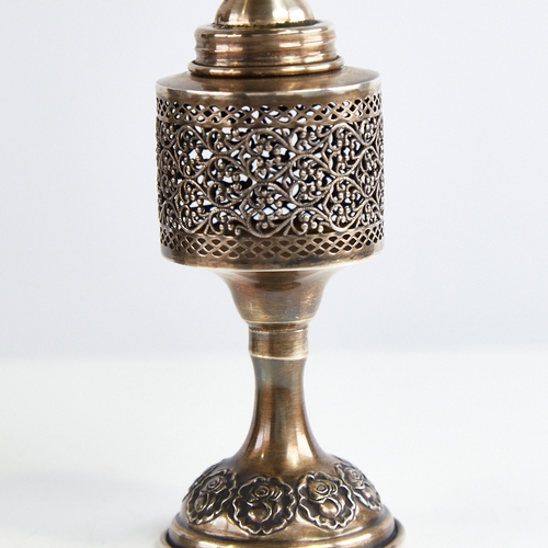 1123 - A sterling silver Judaica besamim spice tower, by Hazorfim, pierced openwork body with relief emboss... 