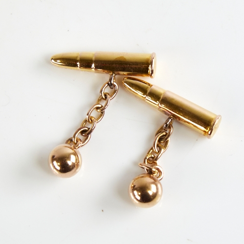 1125 - An early 20th century pair of 9ct gold bullet cufflinks, hallmarks Chester 1902, bullet length 22.6m... 