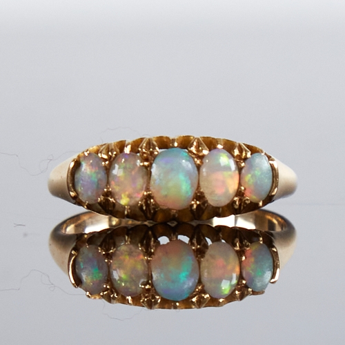 1128 - An early 20th century 18ct gold 5-stone graduated cabochon opal half hoop ring, hallmarks Birmingham... 