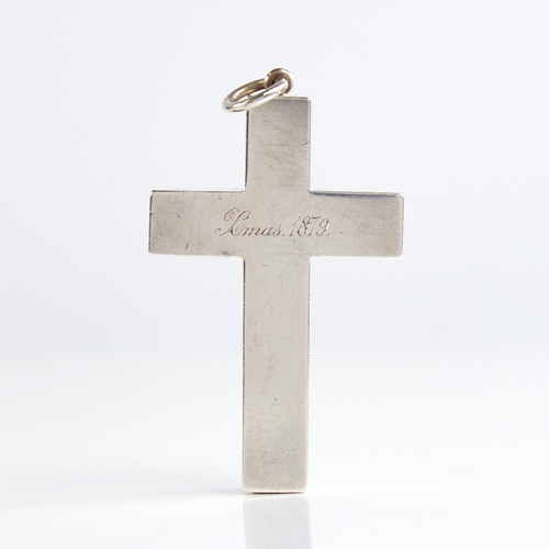 1129 - A large 19th century unmarked silver 3-dimensional cross pendant, original inscription dated 1879, p... 