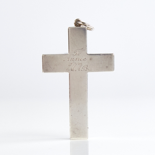 1129 - A large 19th century unmarked silver 3-dimensional cross pendant, original inscription dated 1879, p... 