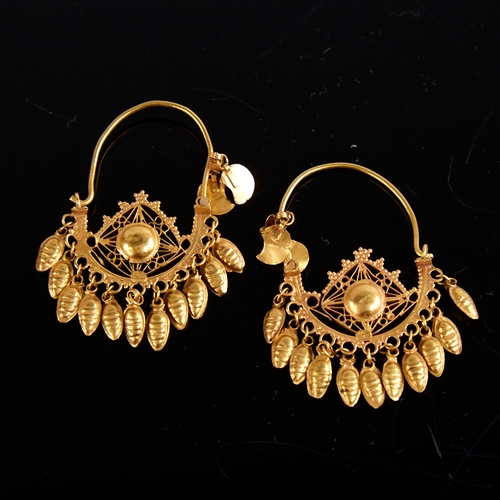 1130 - A pair of Turkish gold crescent hoop earrings, pierced wirework decoration with en tremblant beehive... 