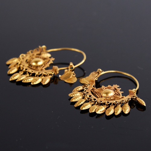 1130 - A pair of Turkish gold crescent hoop earrings, pierced wirework decoration with en tremblant beehive... 