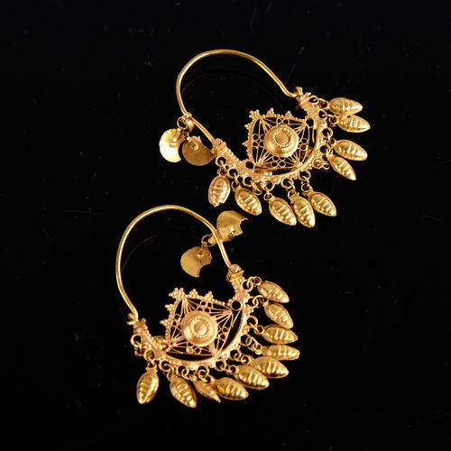 1130 - A pair of Turkish gold crescent hoop earrings, pierced wirework decoration with en tremblant beehive... 