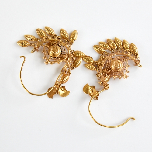 1130 - A pair of Turkish gold crescent hoop earrings, pierced wirework decoration with en tremblant beehive... 