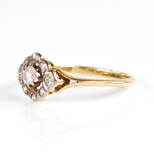 1134 - An early 20th century 18ct gold diamond halo cluster ring, total diamond content approx 0.25ct, sett... 