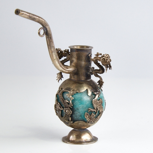 1145 - A late 19th/early 20th century Chinese export silver and carved hardstone rosewater sprinkler, carve... 