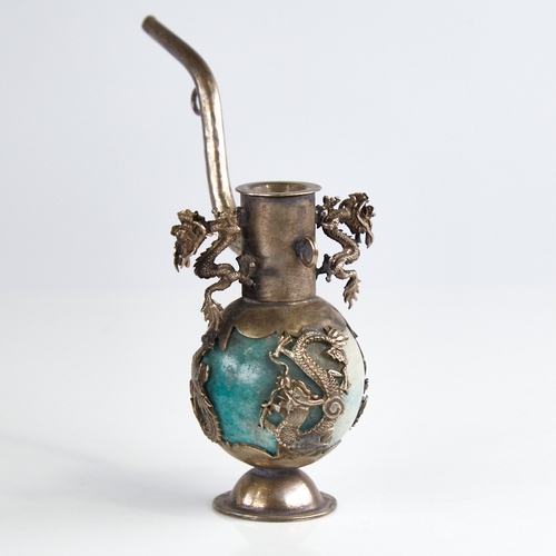 1145 - A late 19th/early 20th century Chinese export silver and carved hardstone rosewater sprinkler, carve... 