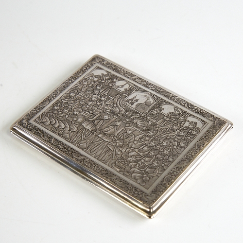 1151 - An early 20th century Persian silver cigarette case, detailed figural scene lid with engraved animal... 