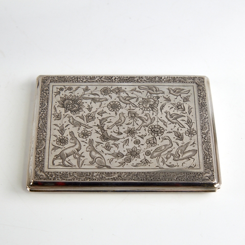 1151 - An early 20th century Persian silver cigarette case, detailed figural scene lid with engraved animal... 