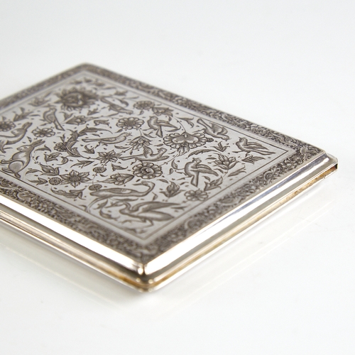 1151 - An early 20th century Persian silver cigarette case, detailed figural scene lid with engraved animal... 