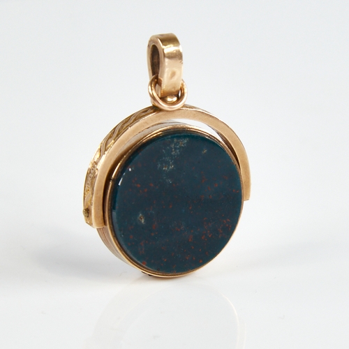 1159 - A 19th century 10ct gold swivel seal fob/locket, set with polished bloodstone and sardonyx and appli... 