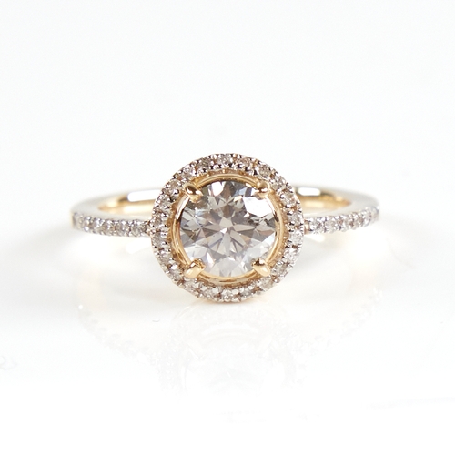 1160 - A modern 14ct gold diamond halo cluster ring, set with round brilliant-cut diamonds and diamond set ... 