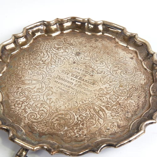 1167 - A Victorian silver salver, circular form with scalloped rim, floral and foliate engraved decoration ... 