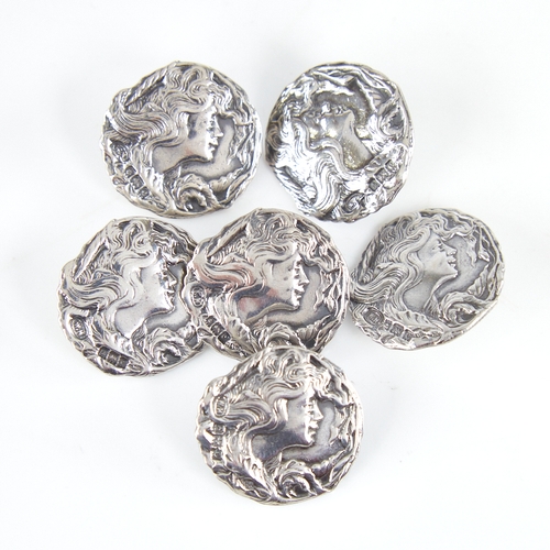 1171 - A set of 6 Edwardian Art Nouveau silver buttons, relief female profile decoration, by William M Haye... 