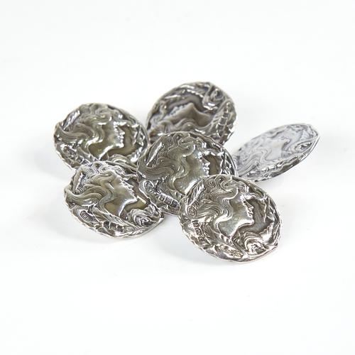 1171 - A set of 6 Edwardian Art Nouveau silver buttons, relief female profile decoration, by William M Haye... 