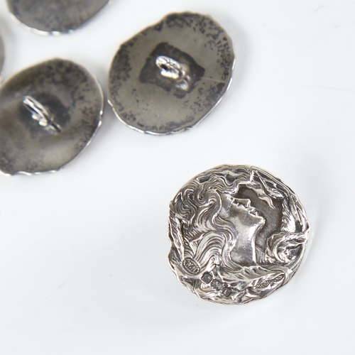 1171 - A set of 6 Edwardian Art Nouveau silver buttons, relief female profile decoration, by William M Haye... 