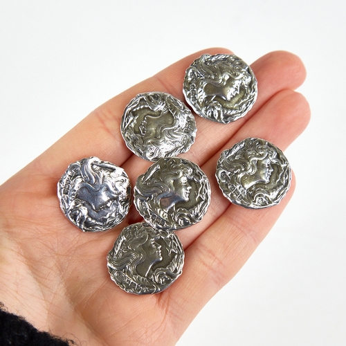 1171 - A set of 6 Edwardian Art Nouveau silver buttons, relief female profile decoration, by William M Haye... 