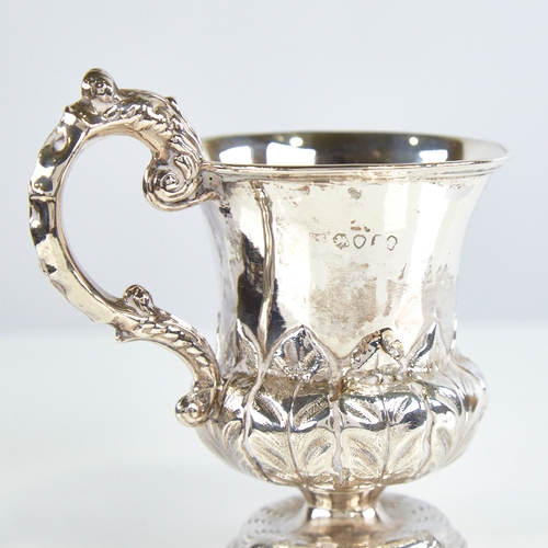 1173 - A William IV silver christening mug, thistle form with scrolled acanthus leaf handle and baluster bo... 