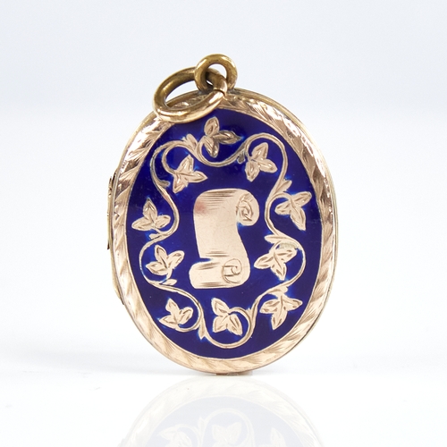 1175 - A Victorian unmarked gold and blue enamel locket pendant, engraved scroll and floral decoration, hei... 