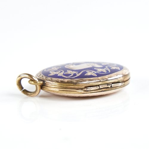 1175 - A Victorian unmarked gold and blue enamel locket pendant, engraved scroll and floral decoration, hei... 