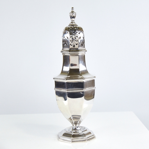 1176 - A large Edwardian silver baluster sugar caster, hexagonal form with urn finial, by John Round & Son ... 