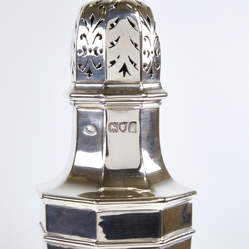 1176 - A large Edwardian silver baluster sugar caster, hexagonal form with urn finial, by John Round & Son ... 