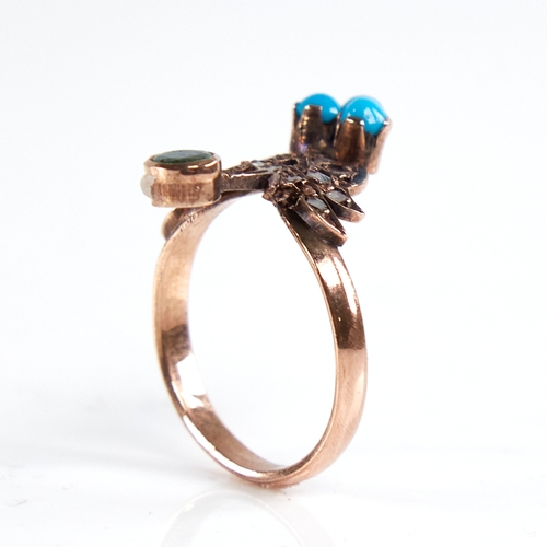 1186 - A Russian? unmarked gold emerald turquoise glass and table-cut diamond motif dress ring, setting hei... 