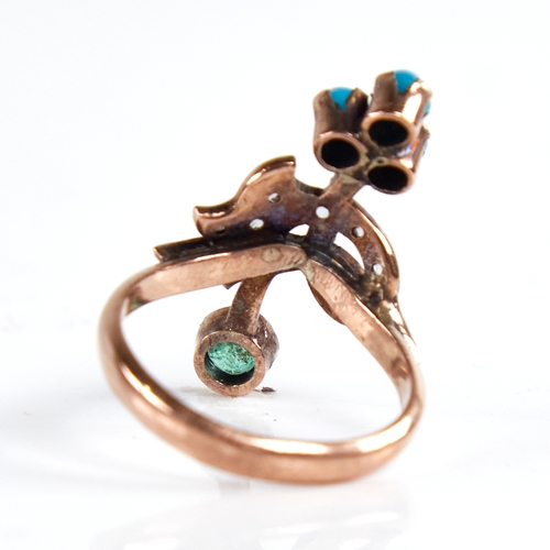 1186 - A Russian? unmarked gold emerald turquoise glass and table-cut diamond motif dress ring, setting hei... 