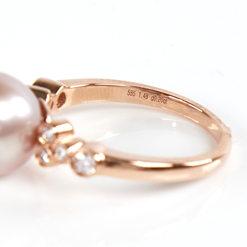 1187 - A modern 14ct rose gold pearl and diamond dress ring, set with whole pink South Sea pearl and round ... 