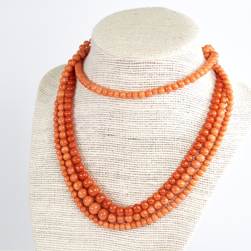 1202 - 2 19th century graduated coral bead necklaces, necklace lengths 132cm and 40cm, 82.8g total, longest... 