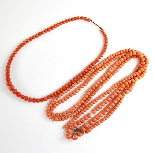 1202 - 2 19th century graduated coral bead necklaces, necklace lengths 132cm and 40cm, 82.8g total, longest... 