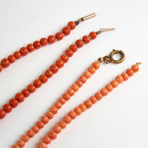 1202 - 2 19th century graduated coral bead necklaces, necklace lengths 132cm and 40cm, 82.8g total, longest... 