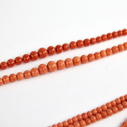 1202 - 2 19th century graduated coral bead necklaces, necklace lengths 132cm and 40cm, 82.8g total, longest... 