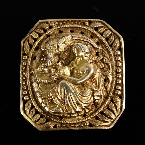 1203 - A large 19th century unmarked silver-gilt brooch, depicting Hebe the Greek Goddess of Youth feeding ... 