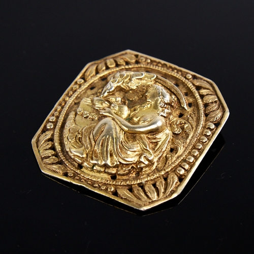 1203 - A large 19th century unmarked silver-gilt brooch, depicting Hebe the Greek Goddess of Youth feeding ... 