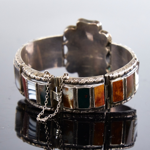 1204 - A 19th century Scottish unmarked silver and hardstone panel bracelet, set with bloodstone lace agate... 