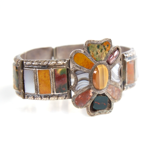 1204 - A 19th century Scottish unmarked silver and hardstone panel bracelet, set with bloodstone lace agate... 