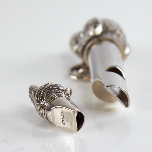 1207 - 2 modern figural dog-head whistles, largest plated, smallest sterling, largest length 70.8mm, 43.9g ... 