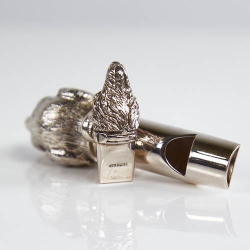 1207 - 2 modern figural dog-head whistles, largest plated, smallest sterling, largest length 70.8mm, 43.9g ... 