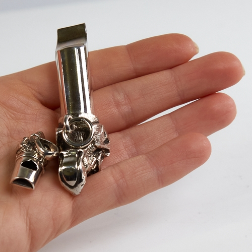 1207 - 2 modern figural dog-head whistles, largest plated, smallest sterling, largest length 70.8mm, 43.9g ... 