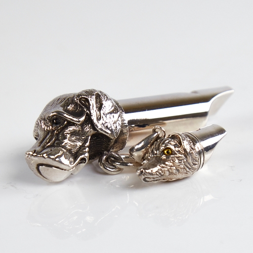 1207 - 2 modern figural dog-head whistles, largest plated, smallest sterling, largest length 70.8mm, 43.9g ... 