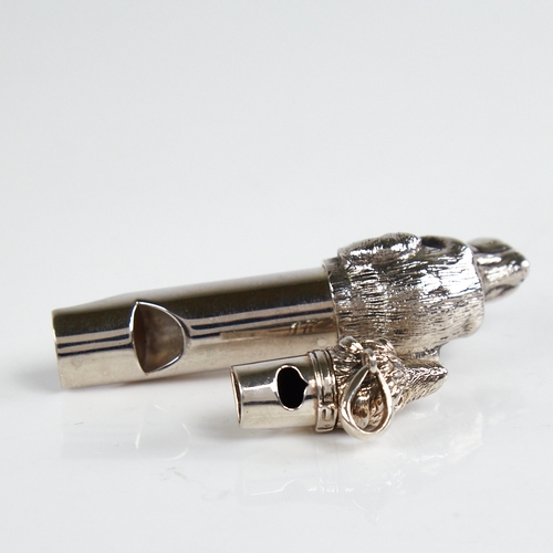 1207 - 2 modern figural dog-head whistles, largest plated, smallest sterling, largest length 70.8mm, 43.9g ... 