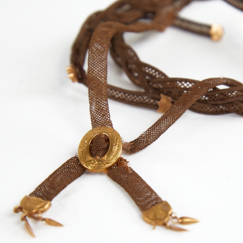 1209 - 2 19th century French 18ct gold and woven hair memorial necklaces, both 40cm long, 9g total (2)