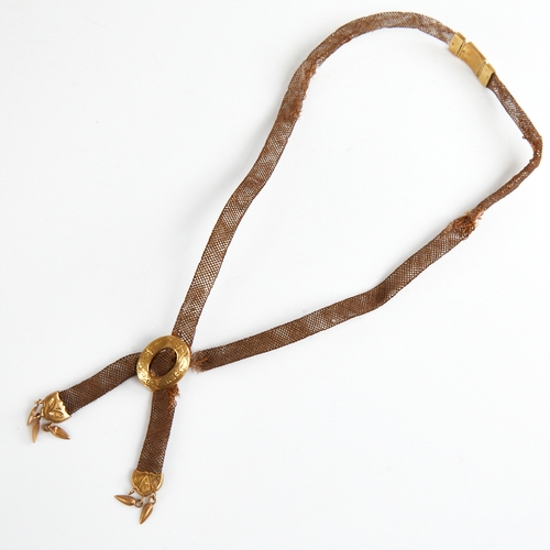 1209 - 2 19th century French 18ct gold and woven hair memorial necklaces, both 40cm long, 9g total (2)